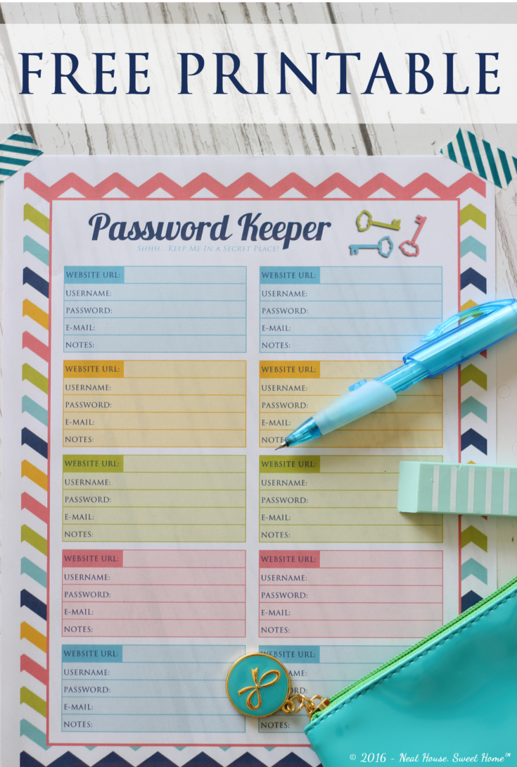 Organize your online accounts with this free printable password keeper.