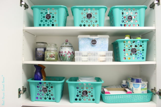 Inexpensive organization for your laundry room shelves.