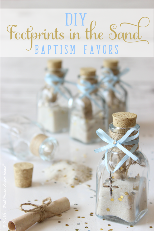 DIY Footprints in the Sand Baptism Favors | An excerpt of this beautiful prayer is tucked in these super cute miniature glass jars.