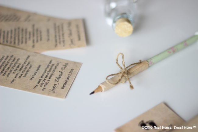 DIY Footprints in the Sand Baptism Favors | An excerpt of this beautiful prayer is tucked inside these miniature glass jars. This is a beautiful keepsake for Baptism, Dedications, and First Communion.