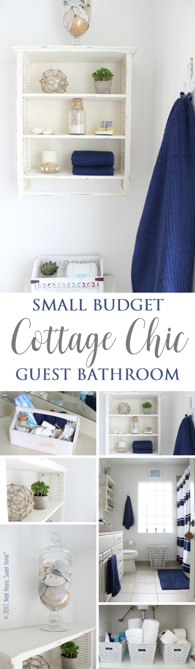 Shabby, coastal, beachy, nautical, and laid back. A kid friendly cottage chic guest bathroom makeover very easy to pull off with just a few changes.