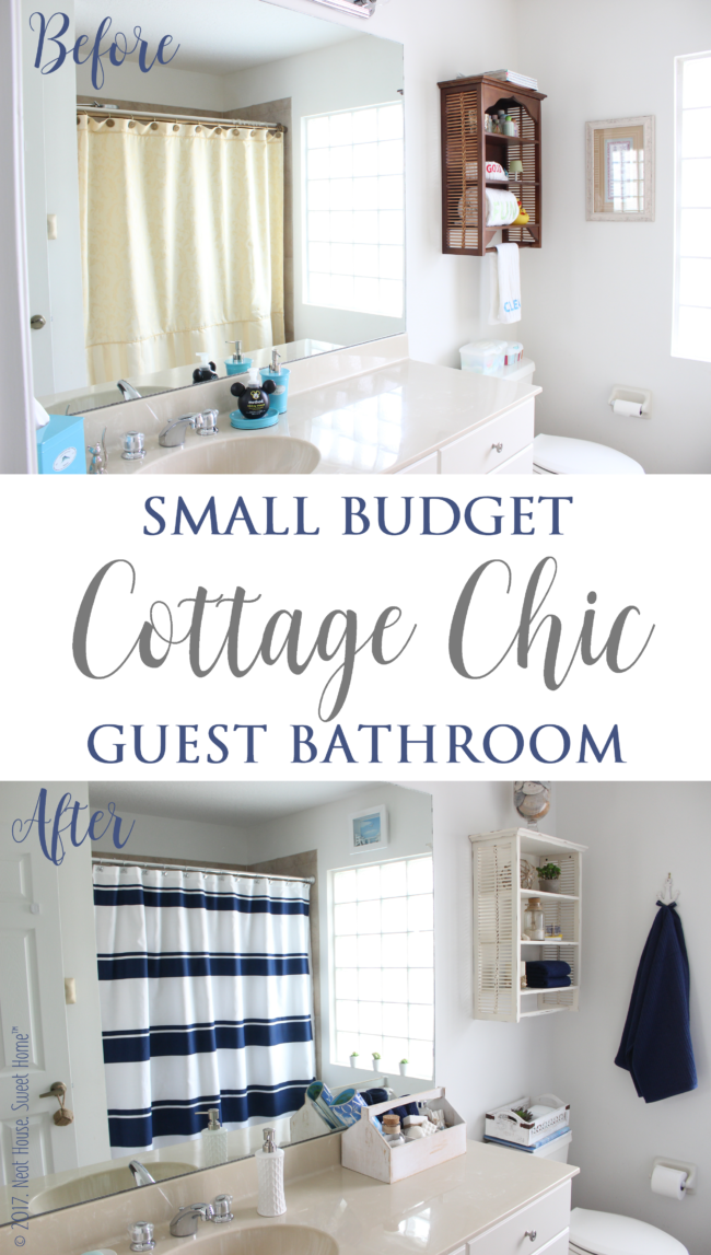 Shabby, coastal, beachy, nautical, and laid back. A kid friendly cottage chic guest bathroom makeover very easy to pull off with just a few changes.