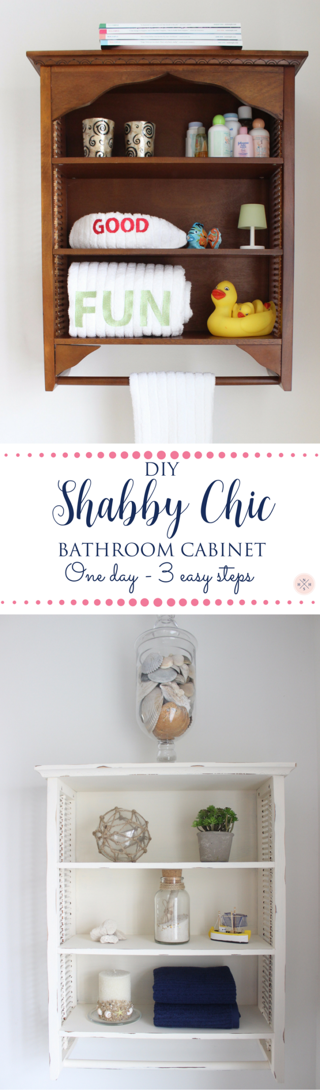 An old over the toilet bathroom cabinet gets a shabby chic makeover in 3 easy steps.
