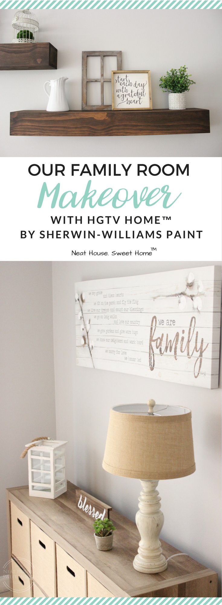 This family room makeover was a breeze to pull off. I used HGTV HOME™ by Sherwin-Williams INFINITY Interior Paint and Primer in Grayish (HGSW2447). @HGTVHOMEbySW #HGTVHOMEbySW #Sponsored