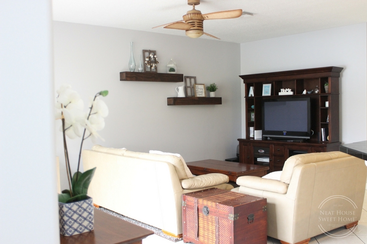 This family room makeover was a breeze to pull off. I used HGTV HOME™ by Sherwin-Williams INFINITY Interior Paint and Primer in Grayish (HGSW2447).