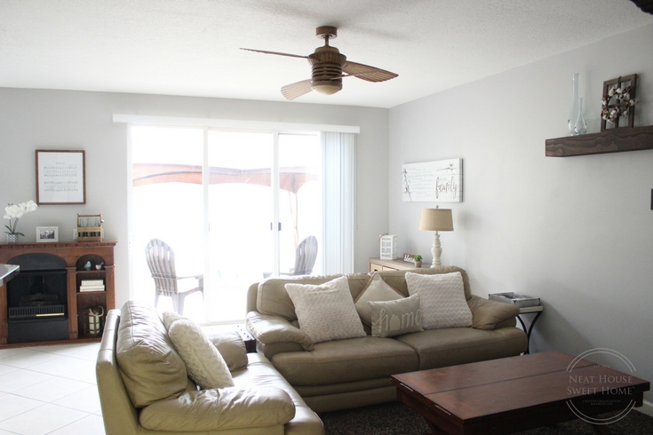 This family room makeover was a breeze to pull off. I used HGTV HOME™ by Sherwin-Williams INFINITY Interior Paint and Primer in Grayish (HGSW2447).