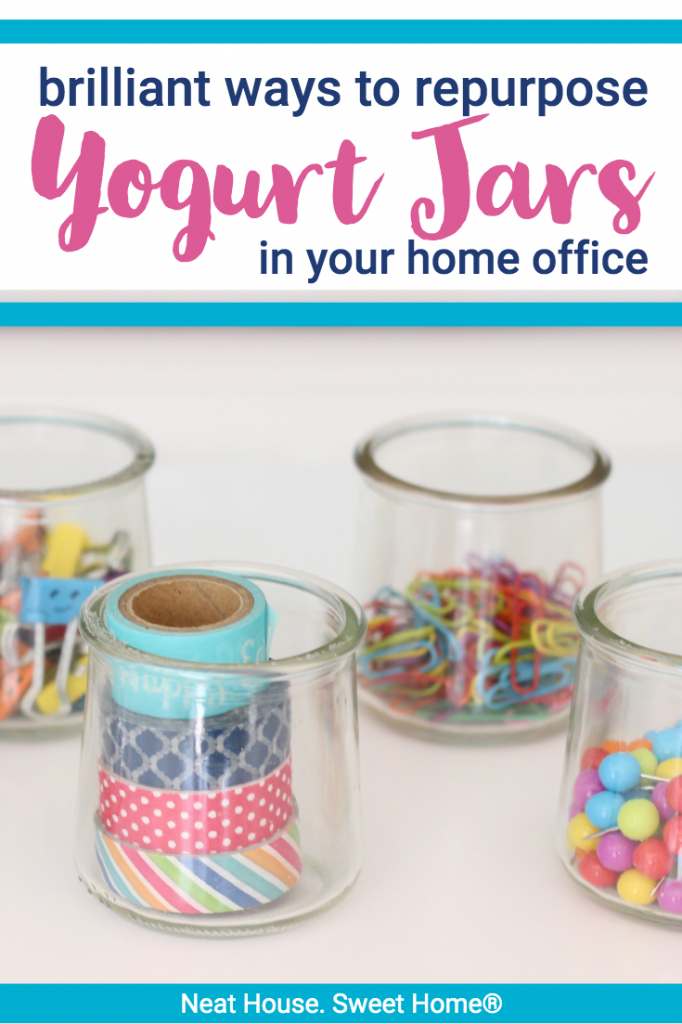 Check out this list of very useful desk organization ideas using recycled Oui™ yogurt jars. #deskorganization #ouiyogurtjars #officeorganization #neathousesweethome