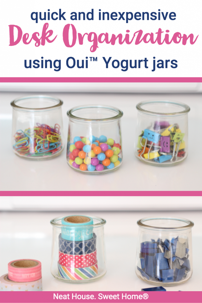 Check out this list of very useful desk organization ideas using recycled Oui™ yogurt jars. #deskorganization #ouiyogurtjars #officeorganization #neathousesweethome