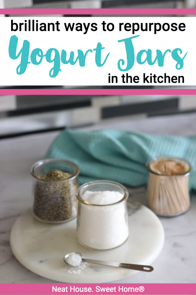 Here are just 5 ways to repurpose those cute little french yogurt jars at home! #kitchenstorage #organization #neathousesweethome