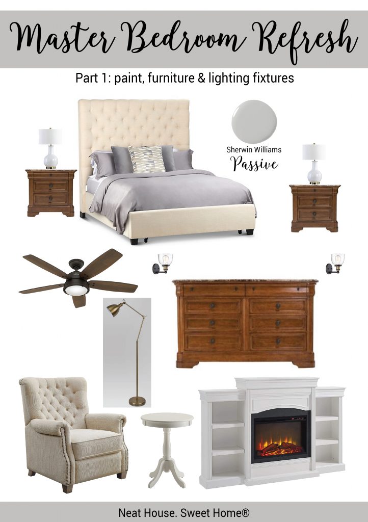 List of ideas for a transitional style master bedroom. Paint color Passive by Sherwin Williams